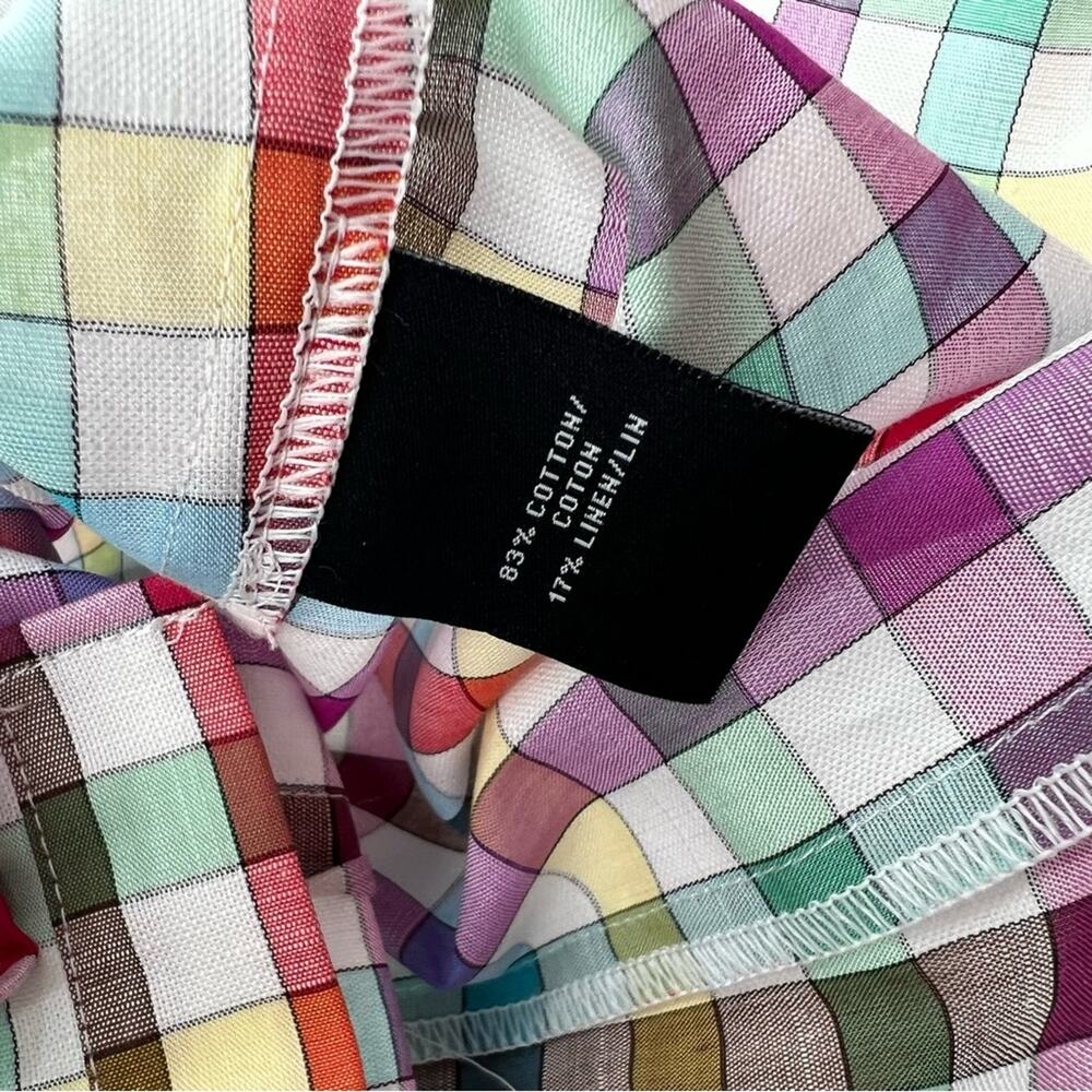 Lafayette 148 rainbow check ruffle‎ neck blouse sz 10 - Picture 5 of 6